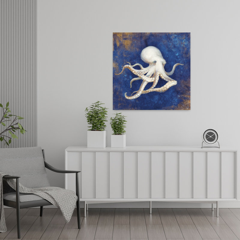 Trésors de la mer, art indigo contemporain, pieuvre, H 24 po x l 24 po