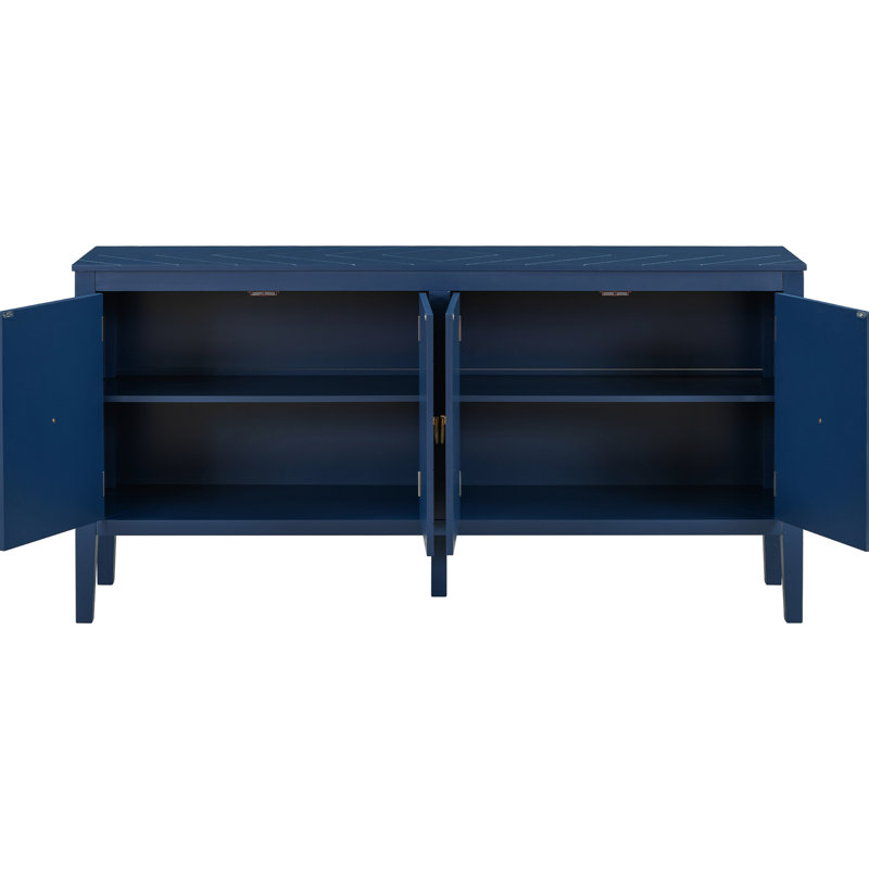 Buffet bleu marine avec motifs géométriques captivants et poignées en métal rétro élégance intemporelle en bleu, motifs, poignées rétro,
