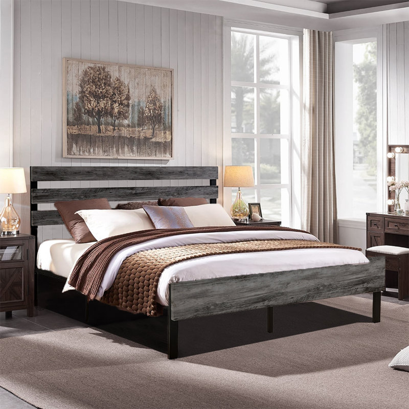 41.4"H Bed Frame with Wood Headboard and Footboard, with Under Bed Storage, by Oxly , King, Gray