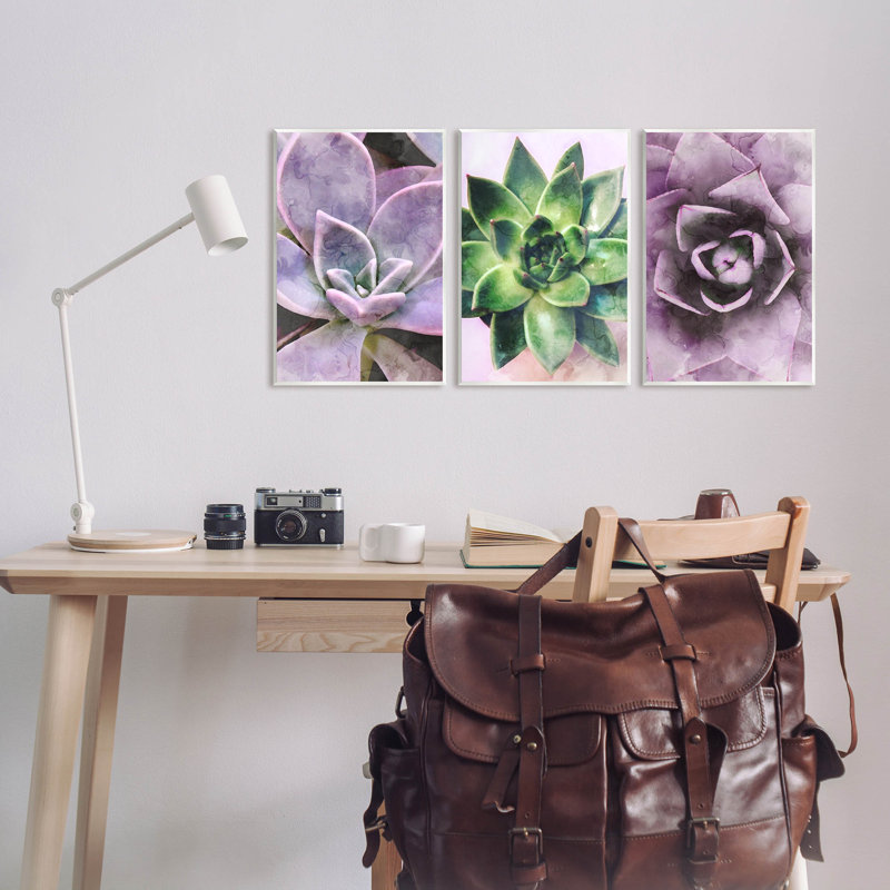 Ensemble de 3 reproductions d'art sur toile mauve, H 15 po x l 10 po x P 0,5 po, Bois