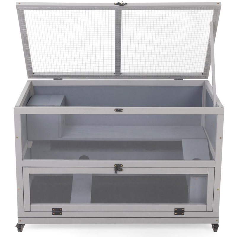 Cage en bois pour hamster, souris et rat en gris, avec tunnels, plateau amovible, roulettes, plateau et face avant ouverts, hamster gris facile à nettoyer