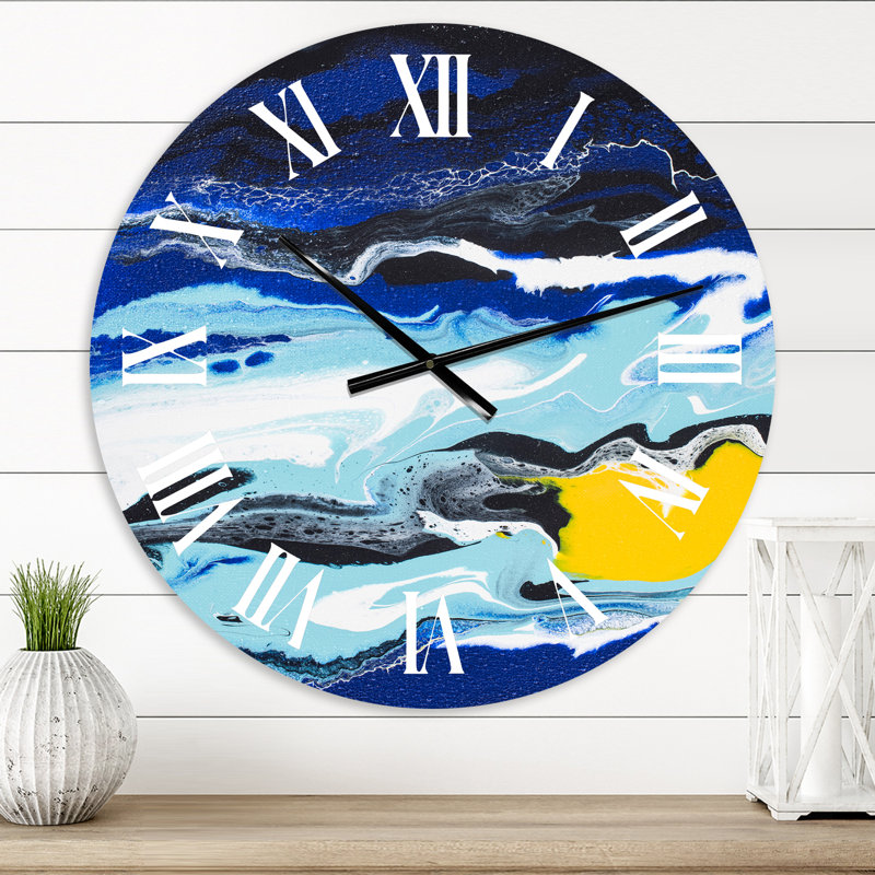 Composition abstraite en jaune et bleu - horloge murale moderne, Petit