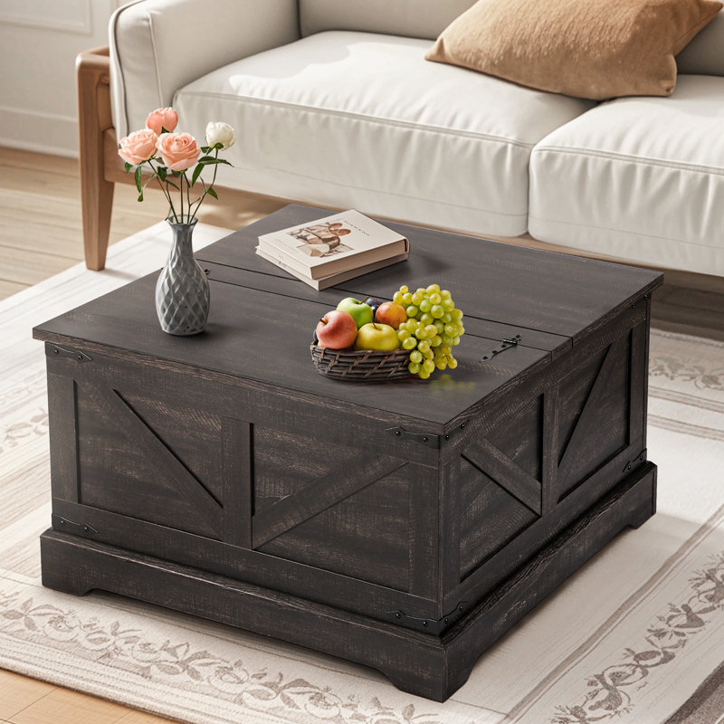 Table basse carrée avec rangement caché, table basse à plateau relevable pour salon, Gris / Noir