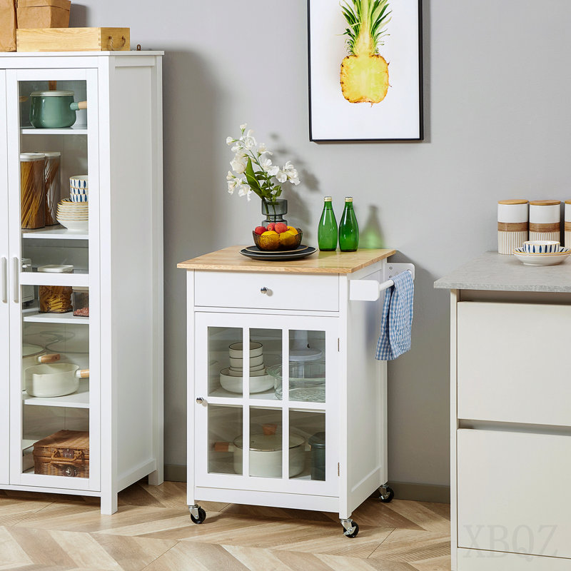 Chariot pour îlot de cuisine 27 "avec tiroir et porte vitrée, chariot de cuisine avec tablette réglable et porte-serviettes, blanc