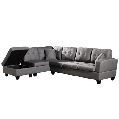 Chaise gauche avec rangement, tissu, structure en bois d'eucalyptus, pieds en plastique, design relaxant et sièges moelleux