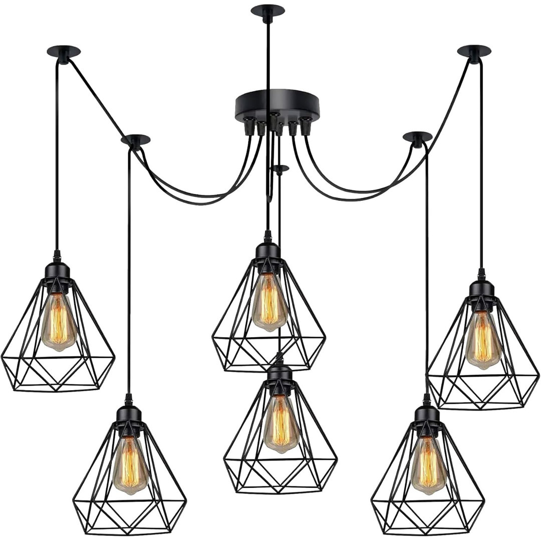 6 Heads Spider Ceiling Pendant Light Fixtures 20cm Black Metal cage E27 Height Adjustable Chandelier Light for Dining Room, Living Room, Kitchen, Bedr