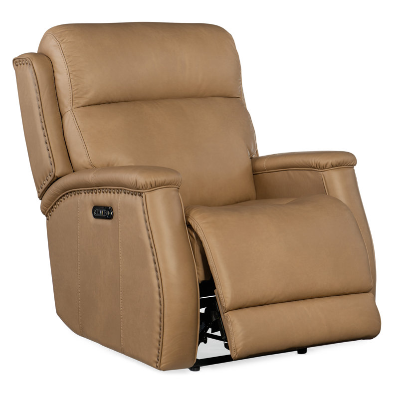 Sahara Sand Leather Power Recliner with Nailhead Trim