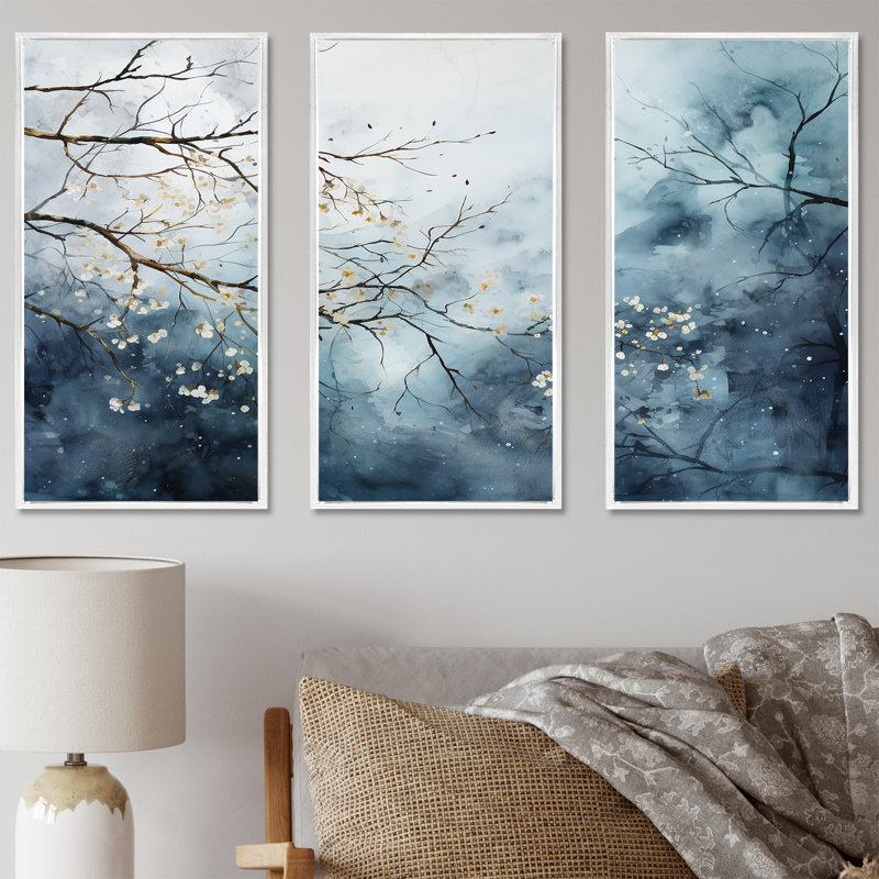 «Winter Tree Minimal Landscape II - Snow», ensemble d'art mural, Cadre flottant blanc, H 32 po x l 48 po x P 1 po