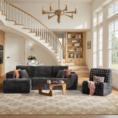 Hogle 3-piece No Assembly Living Room Set , Modern L-shaped Sectional Sofa With Chaise And Armless Bean Bag Chair Lounger
