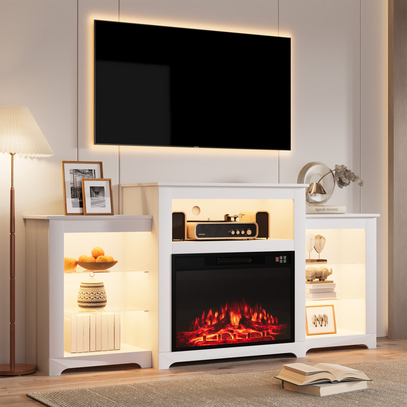 70" W Manufactured Wood TV Stand with Electric Fireplace, White