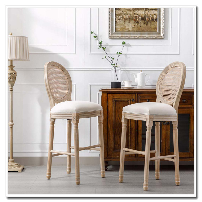 Country Wooden Barstools Rattan Back With Upholstered Seating