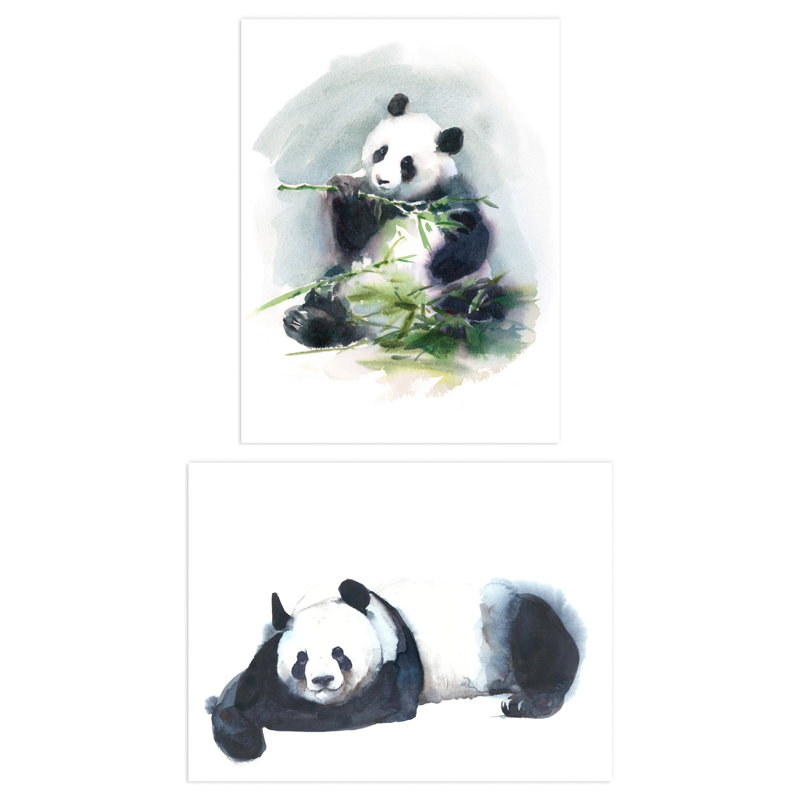 Giant Panda Bamboo 2-Piece Set Unframed Wall Art Prints Bathroom Bedroom Aesthetic Watercolour, 29.7cm H x 21cm W x 0.4cm D
