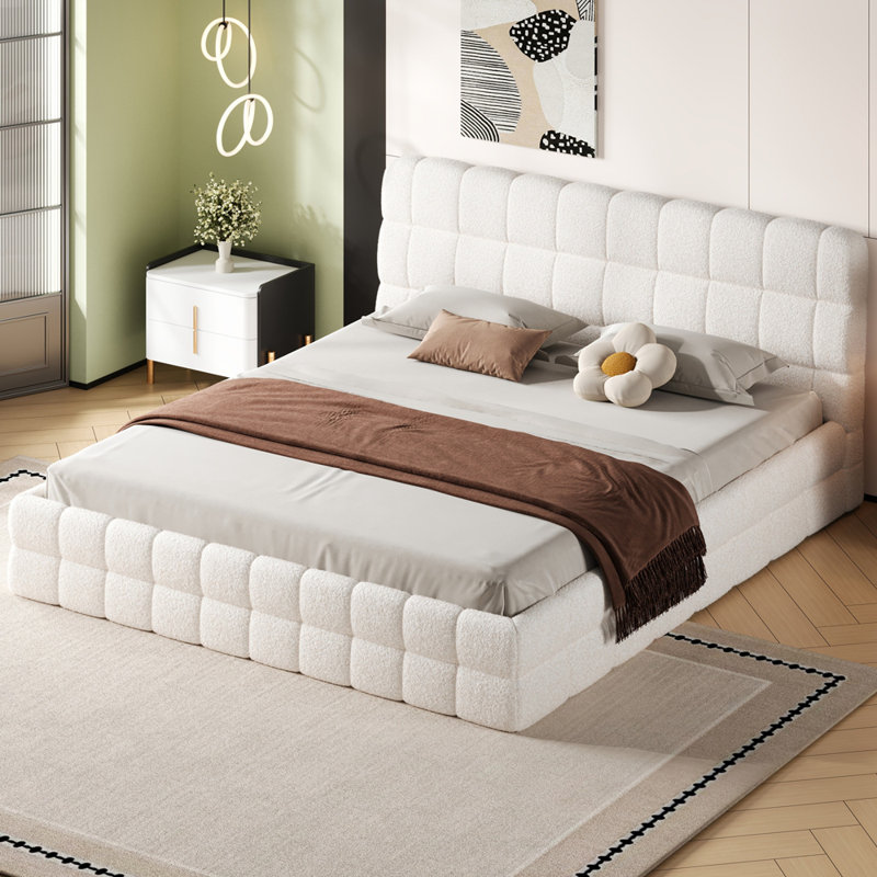 Très grand lit plateforme tapissier, blanc, White