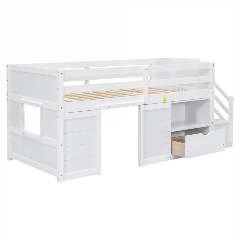 Twin Size Low Loft Bed Solid Pine Construction White-Toned With Built-In Stairs, Drawer And Shelf Storage