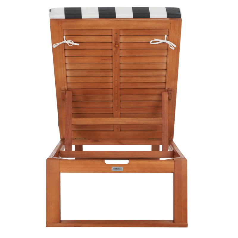 Chaise longue simple inclinable en eucalyptus avec coussins 80,9 po Faunce, Naturel, Bleu marine/blanc