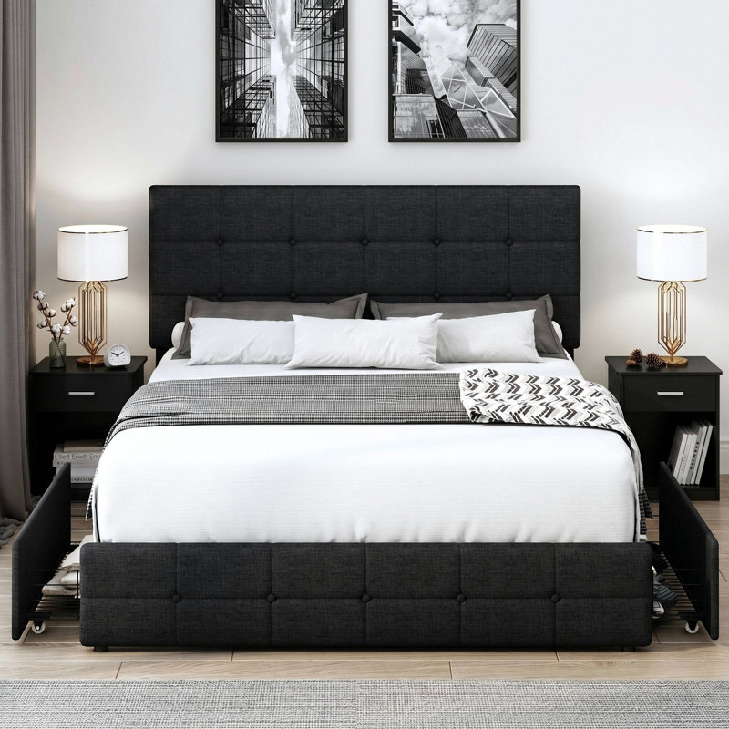 Ensemble de chambre à coucher 3 pièces, lit plateforme avec rangement à 4 tiroirs, 2 tables de chevet, Noir / Noir, Grand