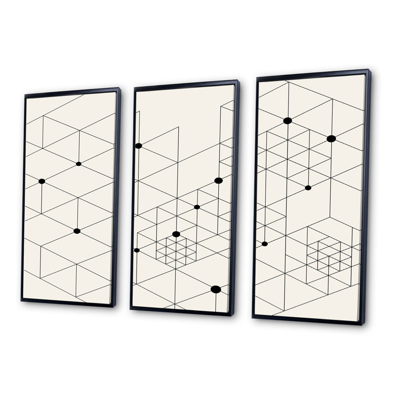 «Geometric Triangular Composition», ensemble de 3 reproductions encadrées sur toile, Cadre noir, H 28 po x l 36 po x P 1 po