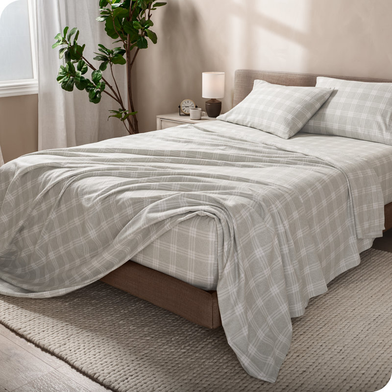 100% Cotton Flannel Sheet Set, Twin Sheet Set with 1 Pillowcase, Light Gray Checkered Plaid 