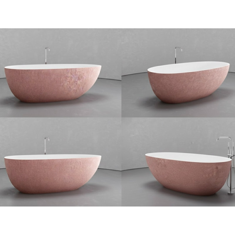 Vast Studio 62.8” x 30.3” Textured Blush Concrete Metallic Freestanding Oval Bathtub – Blush/White Deep Soaking Tub with Dual-Tone Interior & Exterior, Sculpted Modern Luxury Finish