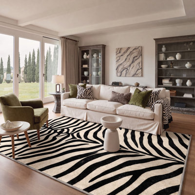Machine Washable Animal Print Ivory / Black Area Rug With Non-Slip Backing