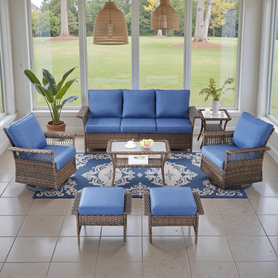 Anferney 7-Pieces Wicker Outdoor Patio Furniture Set With Gliding Chair, Side Table And Ottoman