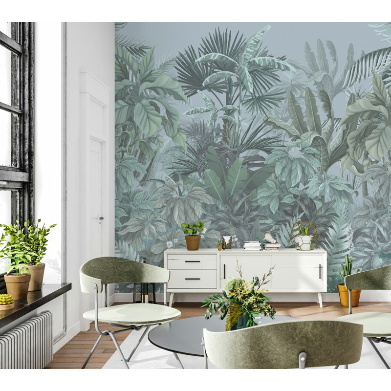 Papier peint Misty Jungle tropicale en vert sauge doux, L 115 po x l 225 po