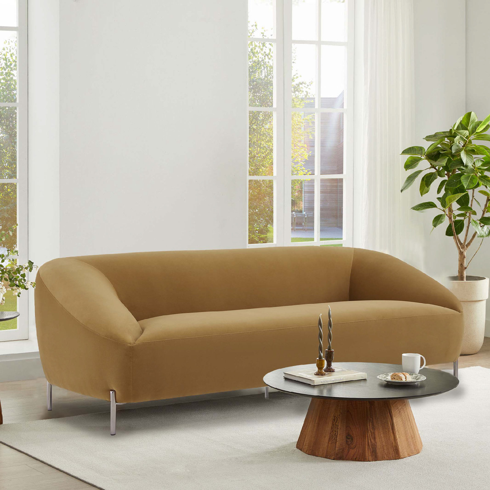 Endellion 83" Genuine Leather Sofa, Soren Camel Performance Velvet