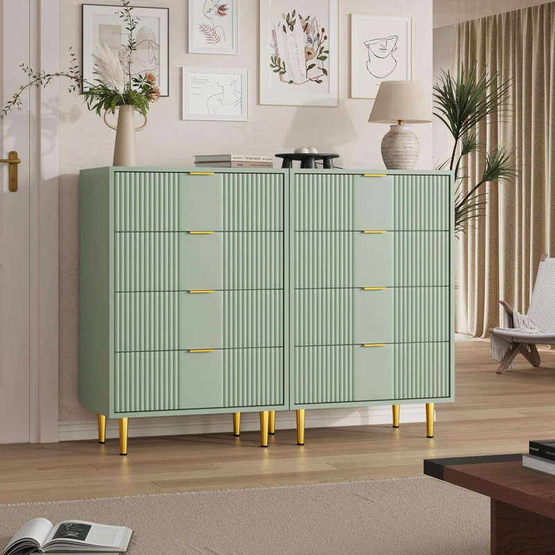 Commode 4 tiroirs cannelée pour chambre à coucher, commode moderne de 36,85 po avec poignées en métal, commode de rangement en bois pour le salon