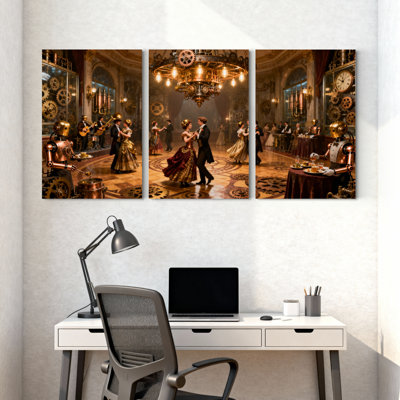 Fantasy & Sci-Fi Steampunk Ballroom Dance Scene With Robots Set of 3 Canvas Wall Art Prints