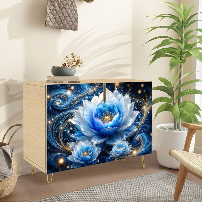 Buffet Buffet avec rangement Fleurs de lotus bleues aux accents dorés scintillants abstraits tourbillonnant avec 2 portes pour le salon et la cuisine
