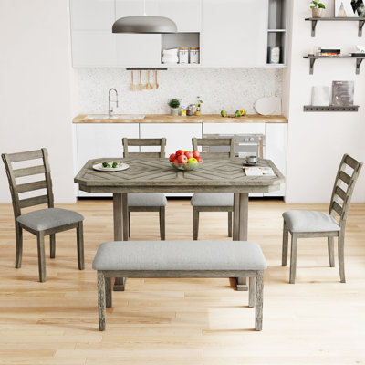 Ensemble de table de salle à manger 6 pièces en bois d'hévéa Cutwright avec placage en bois massif et coussin moelleux
