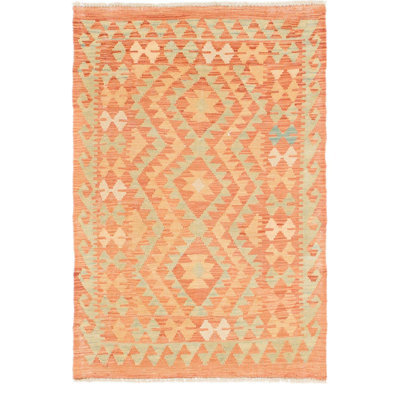Tapis de zone en laine vert/orange 2 pi 9 po x 4 pi "one-of-kind" -the main noué la Elland