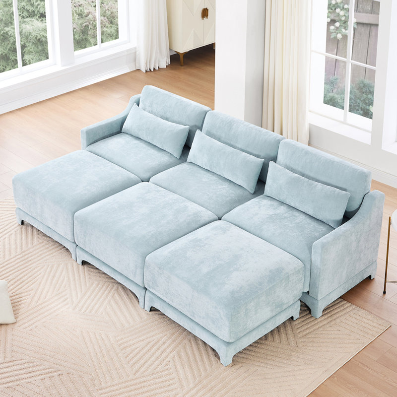 Canapé à trois places, 3 repose-pieds mobiles, équipé d'un coussin lombaire, tissu en chenille, base en bois de haute qualité, conception ergonomique, éponge à haute résilience, facile à installer