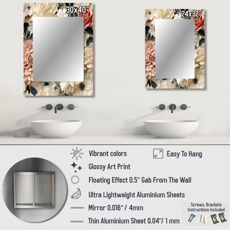 Cineas Cream Delicate Poppies Flowers - Floral Decorative Mirror, Cottage Wall Mirror, Printed Metal Art, 32" x 24"