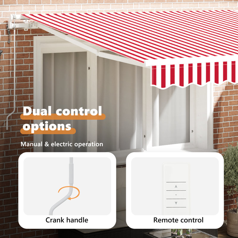 Ebern Designs Retractable Patio Awning, 300 cm W x 250 cm D, Red/White Striped