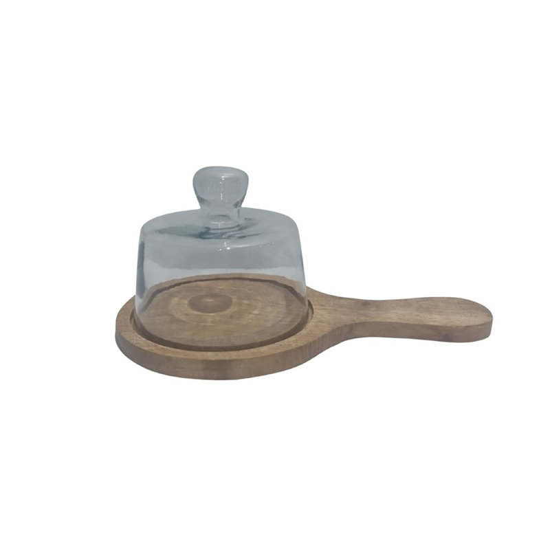 Housse à gâteau en verre et bois de manguier H 5,1 po et diamètre 6,3 po