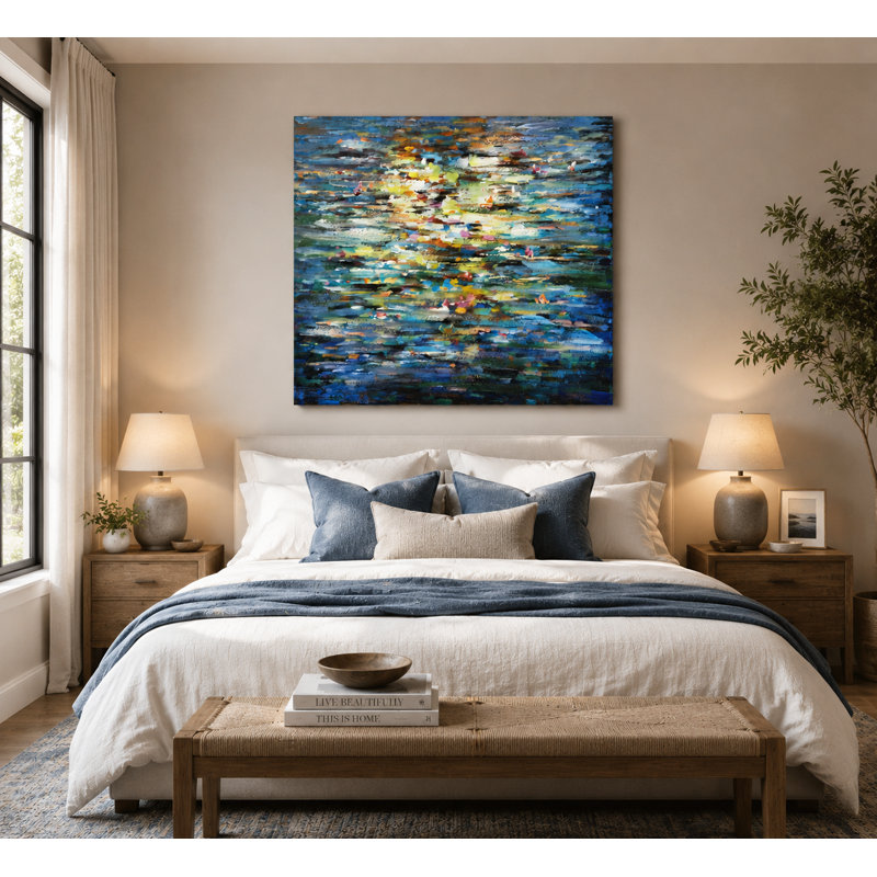 Art mural moderne sur toile tendue avec galerie de réflexion de l'eau moderne, décor mural contemporain abstrait bord de mer