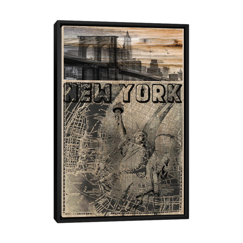 NYC, Old City Map, impression sur toile tendue, H 60 po x l 40po x P 1,5 po, Toile avec cadre noir, Pas de tapis