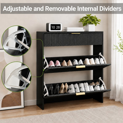 Meuble à chaussures étroit et cannelé pour entrée, étagère à chaussures autoportante à tiroirs rabattables avec poignées, meuble de rangement à chaussures moderne et mince pour couloir et garde-robe de chambre
