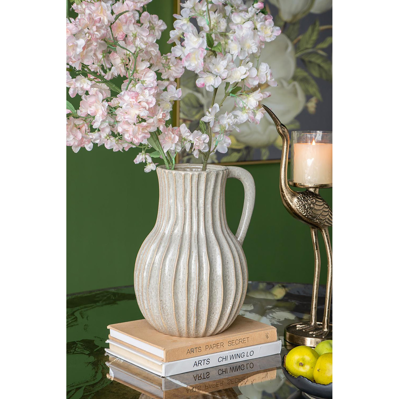 Decorative Round Ceramic Jug with Textured Ridged Design and Handle - 9.5" x 8" x 12" - Gold