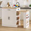 Console d'îlot extensible avec tiroirs, armoire à deux portes et tablettes ouvertes