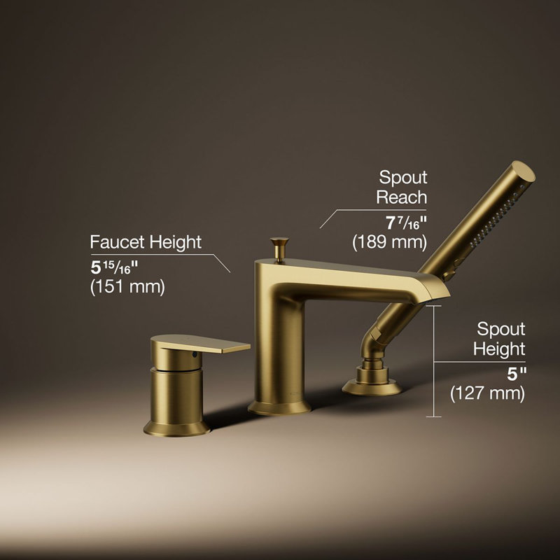 Robinet de baignoire à fixation sur comptoir à poignée simple avec douchette Hint, Laiton brossé moderne éclatant
