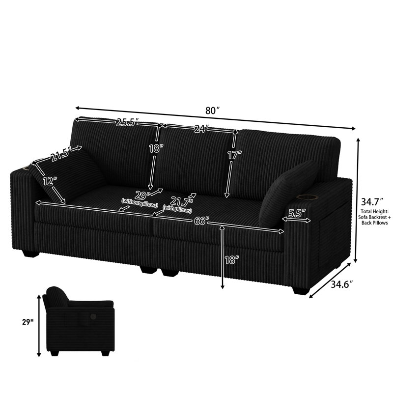 80"W Corduroy Sofa with Cup Holders, Storage Pockets and USB Ports  - Black Couch, Black