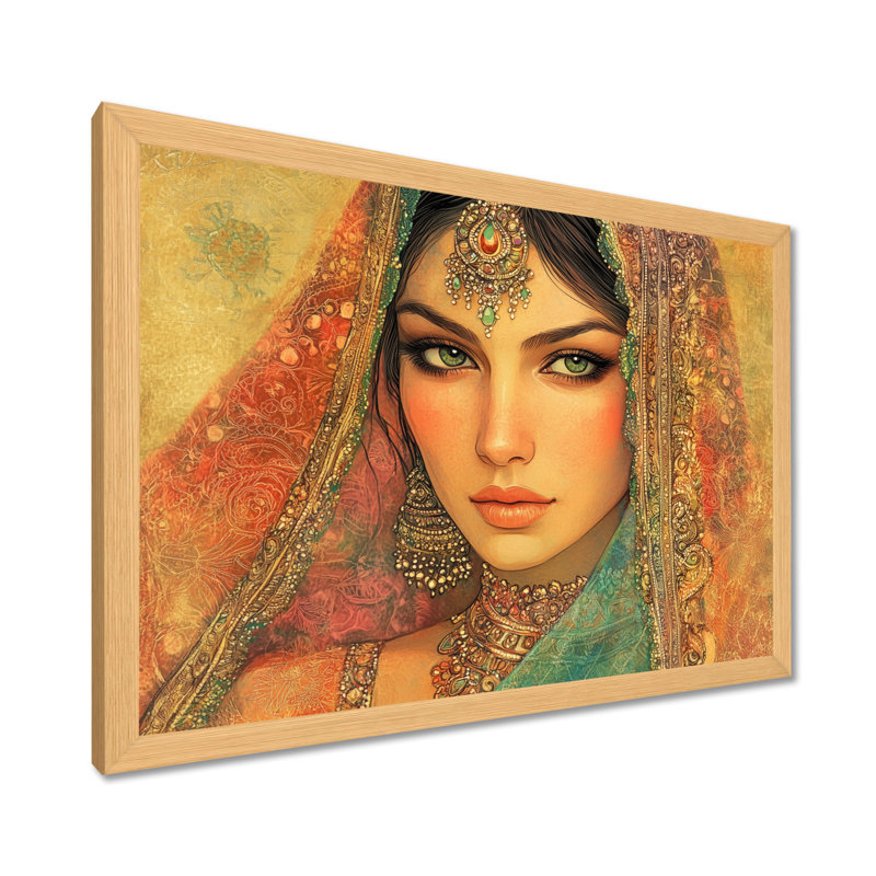 Femme du Rajasthan baignée de lumière - Tableau doré encadré de style moghol, H 34 po x l 44 po, Natural Picture Framed