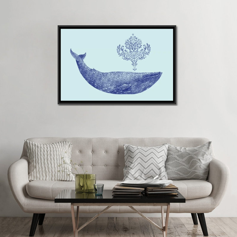 «Damask Whale # 2», impression sur toile, H 32 po x l 48 po x P 1,5 po, Toile encadrée noire, Pas de tapis