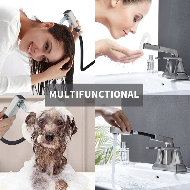 Brushed Nickel 2-Handle Centerset Bathroom Faucet With Pull-Out Sprayer, Brushed Nickel