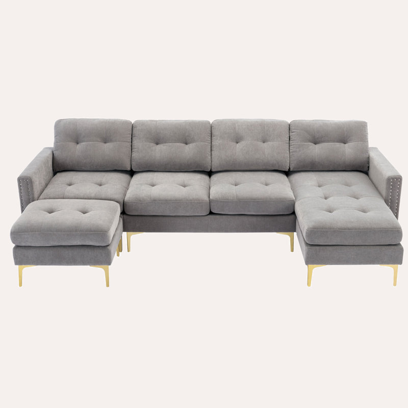 Jiuliana Upholstered Sectional Reversible, Light Gray Velvet, Gold