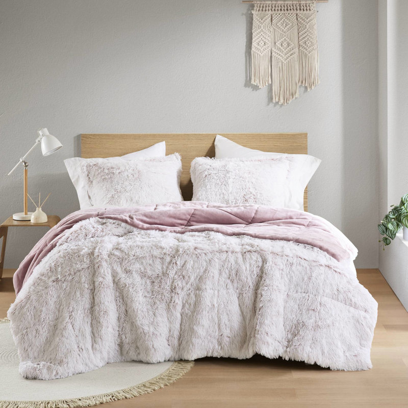 2 pièces d'édredon à poils longs en fausse fourrure pour lit simple / simple TG, rose / blanc, lit doux et chaud TG, duvet synthétique