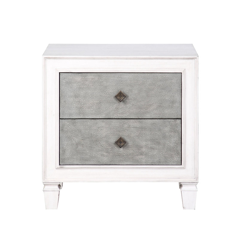 Table de chevet bicolore avec 2 tiroirs - Panneau coulissant pleine extension et matériaux de construction + tiroirs, gris antique blanc rustique