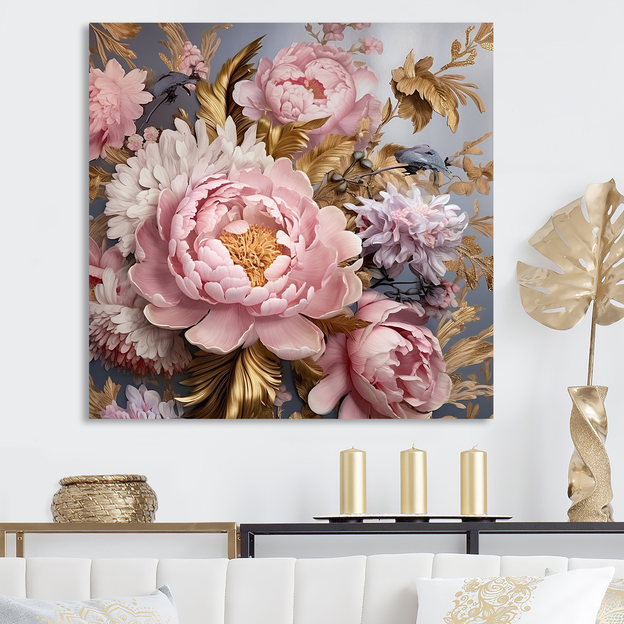 Design Art Retro Pink Peonies Golden Leaves I - Peonies Canvas Wall Art ...